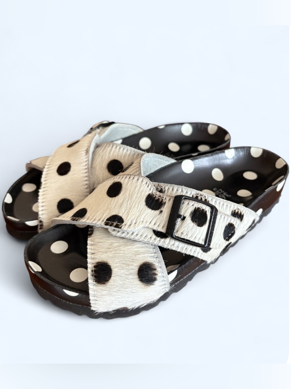Birkenstock x Manolo Blahnik White and Black Polka Dot Cross-Strap Sandal
